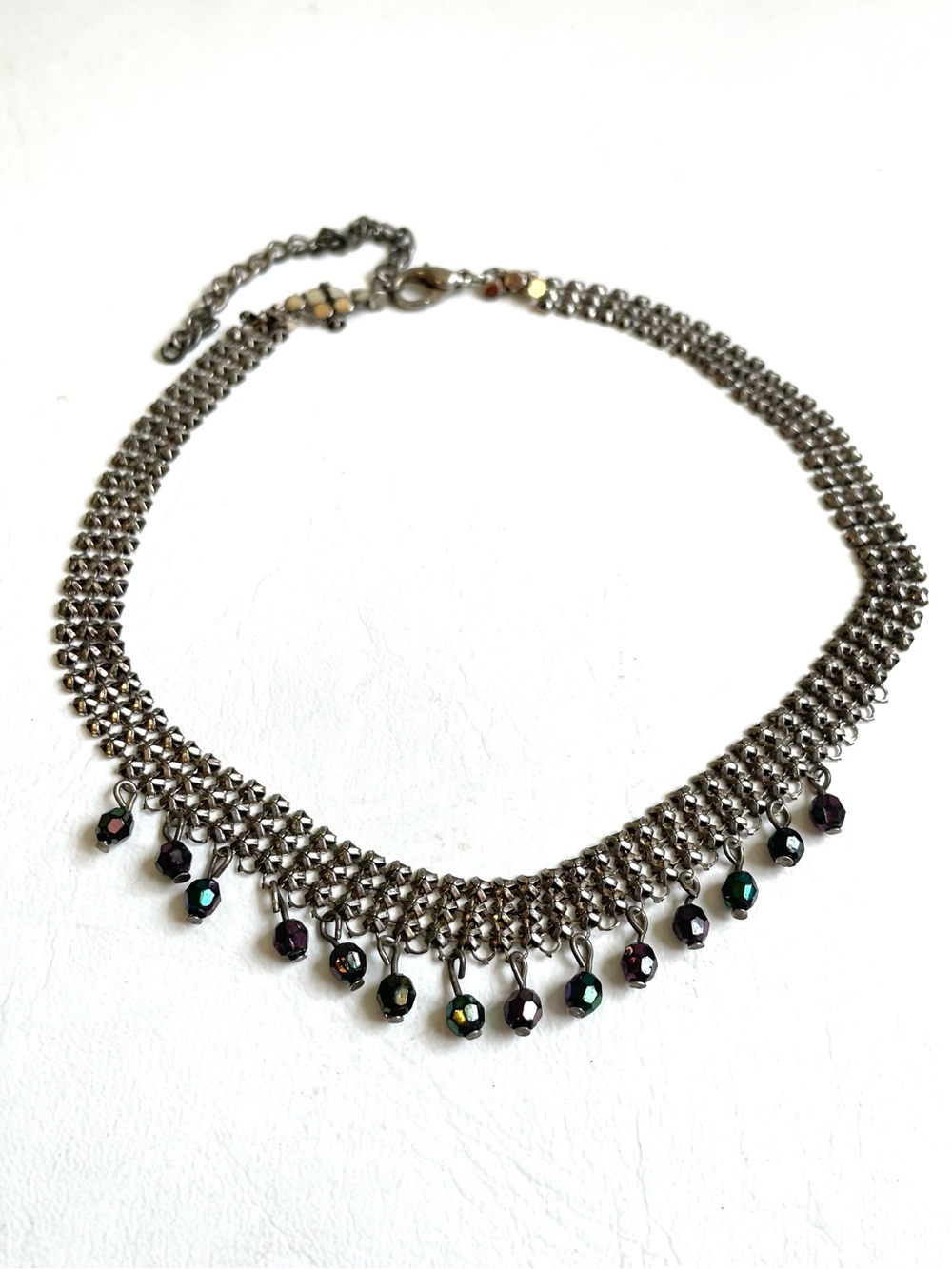 SILVER MESH METAL CHOKER SINGLE IRIDESCENT GLASS BEADS BLUE GREEN PURPLE
